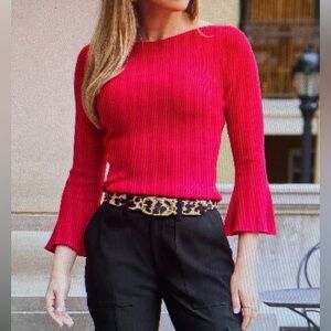 NWOT Boston Proper Ribbed Boatneck Flare Sleeve Sweater. Lollipop color. Size XL